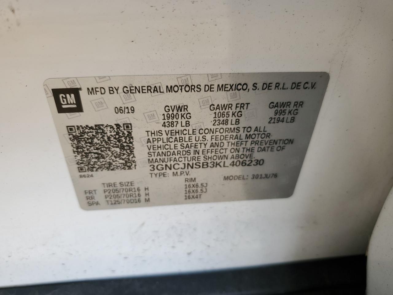 3GNCJNSB3KL406230 2019 Chevrolet Trax Ls