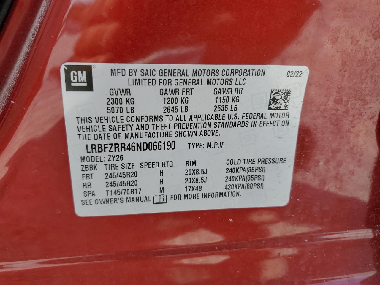 LRBFZRR46ND066190 2022 Buick Envision Avenir