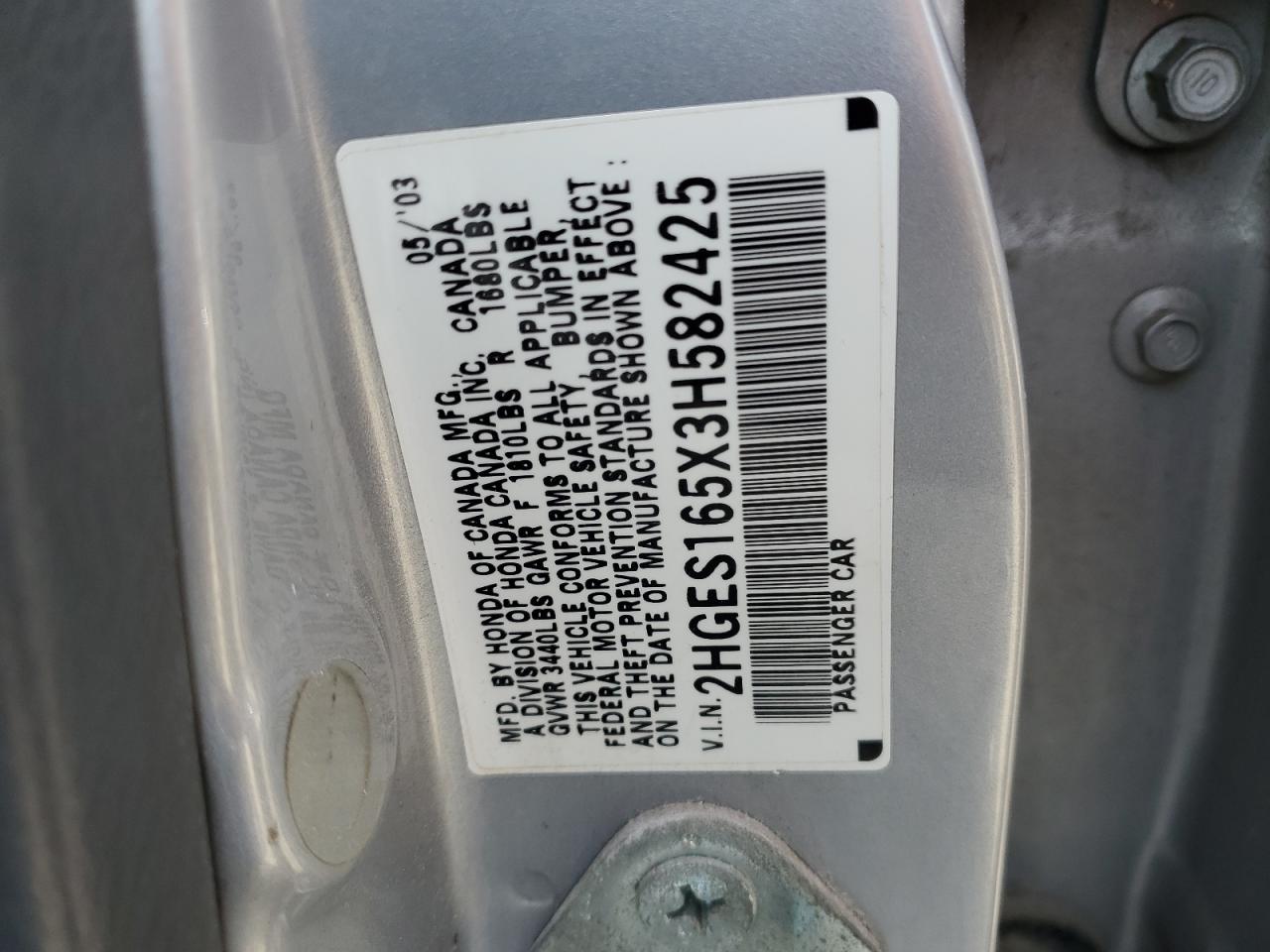 2HGES165X3H582425 2003 Honda Civic Lx