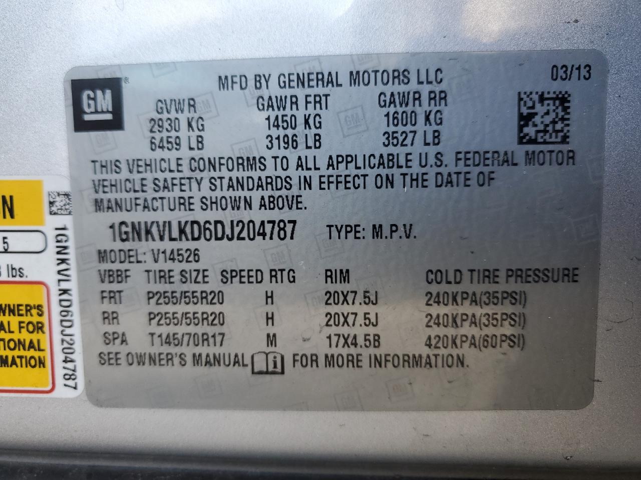 1GNKVLKD6DJ204787 2013 Chevrolet Traverse Ltz