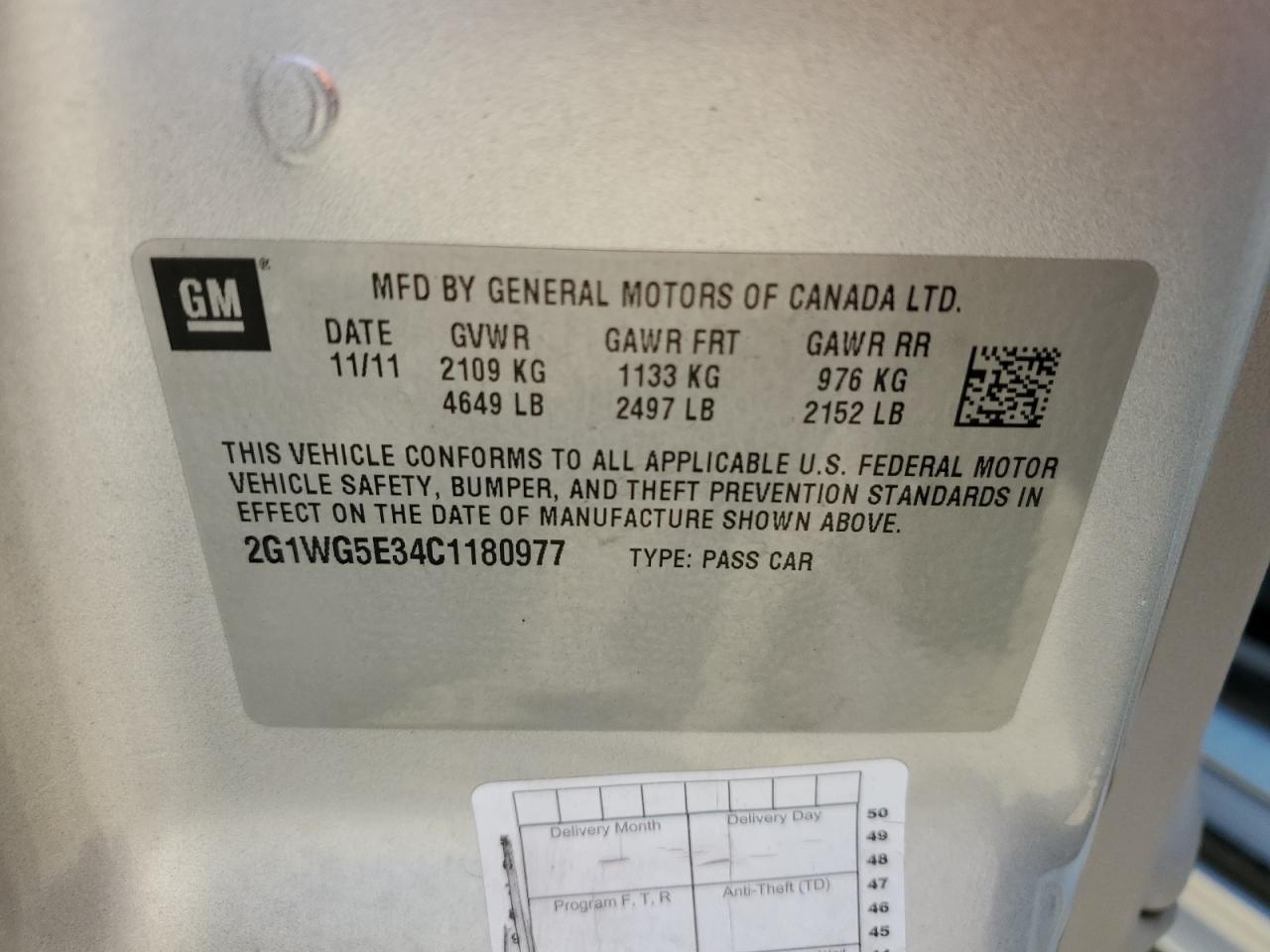 2G1WG5E34C1180977 2012 Chevrolet Impala Lt