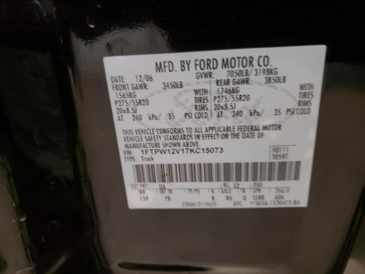 1FTPW12V17KC15073 2007 Ford F150 Supercrew