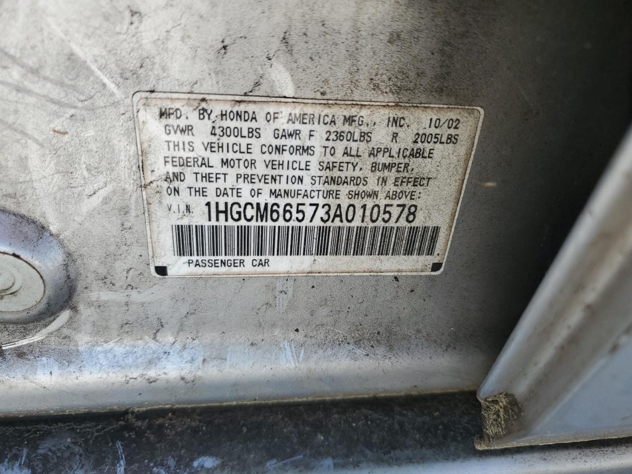 1HGCM66573A010578 2003 Honda Accord Ex