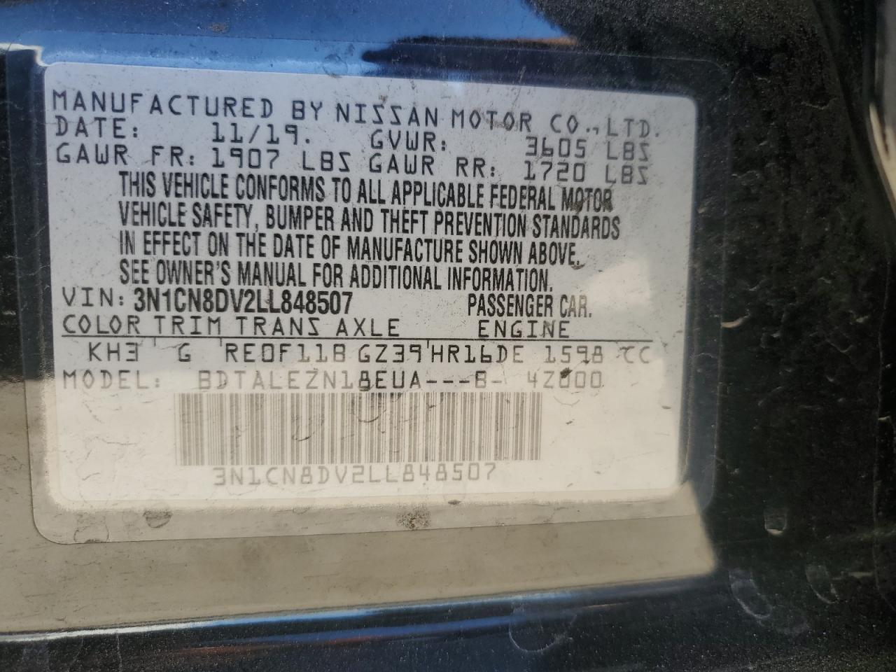 3N1CN8DV2LL848507 2020 Nissan Versa S