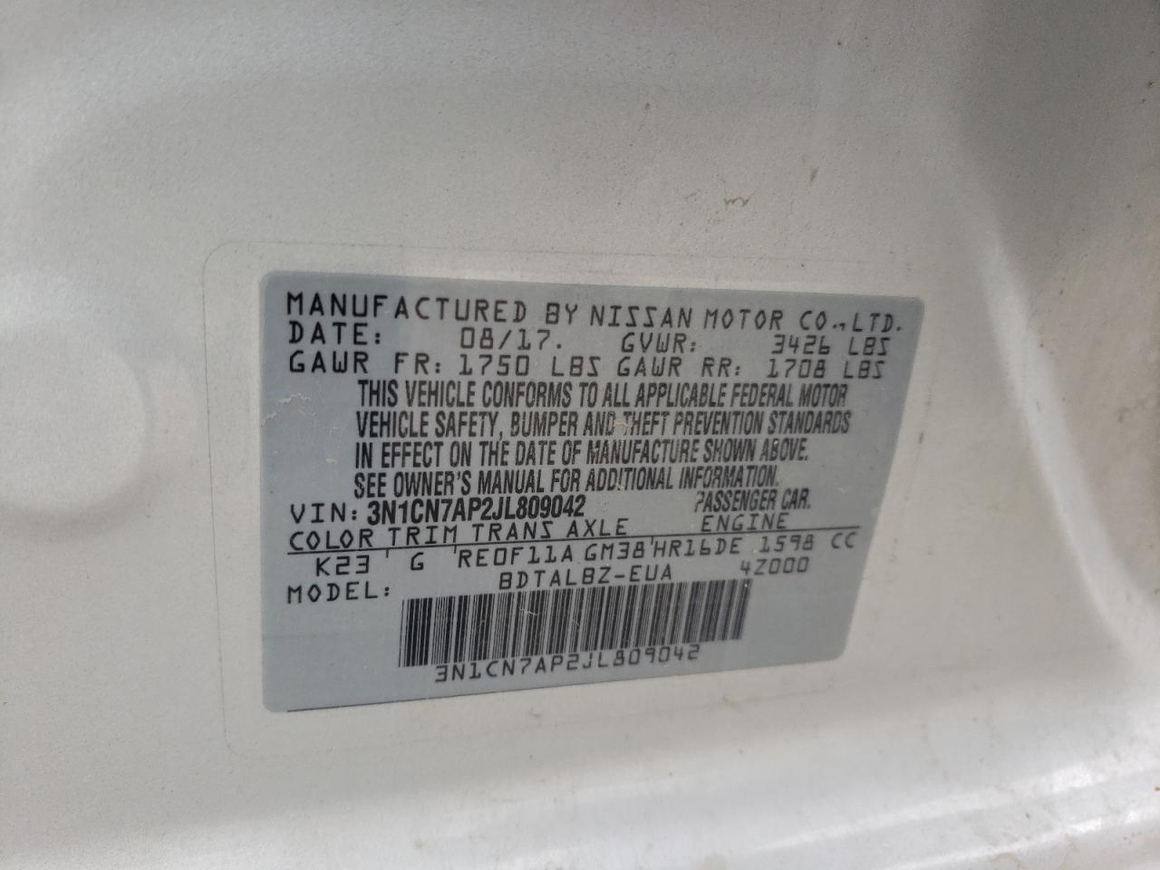 3N1CN7AP2JL809042 2018 Nissan Versa S