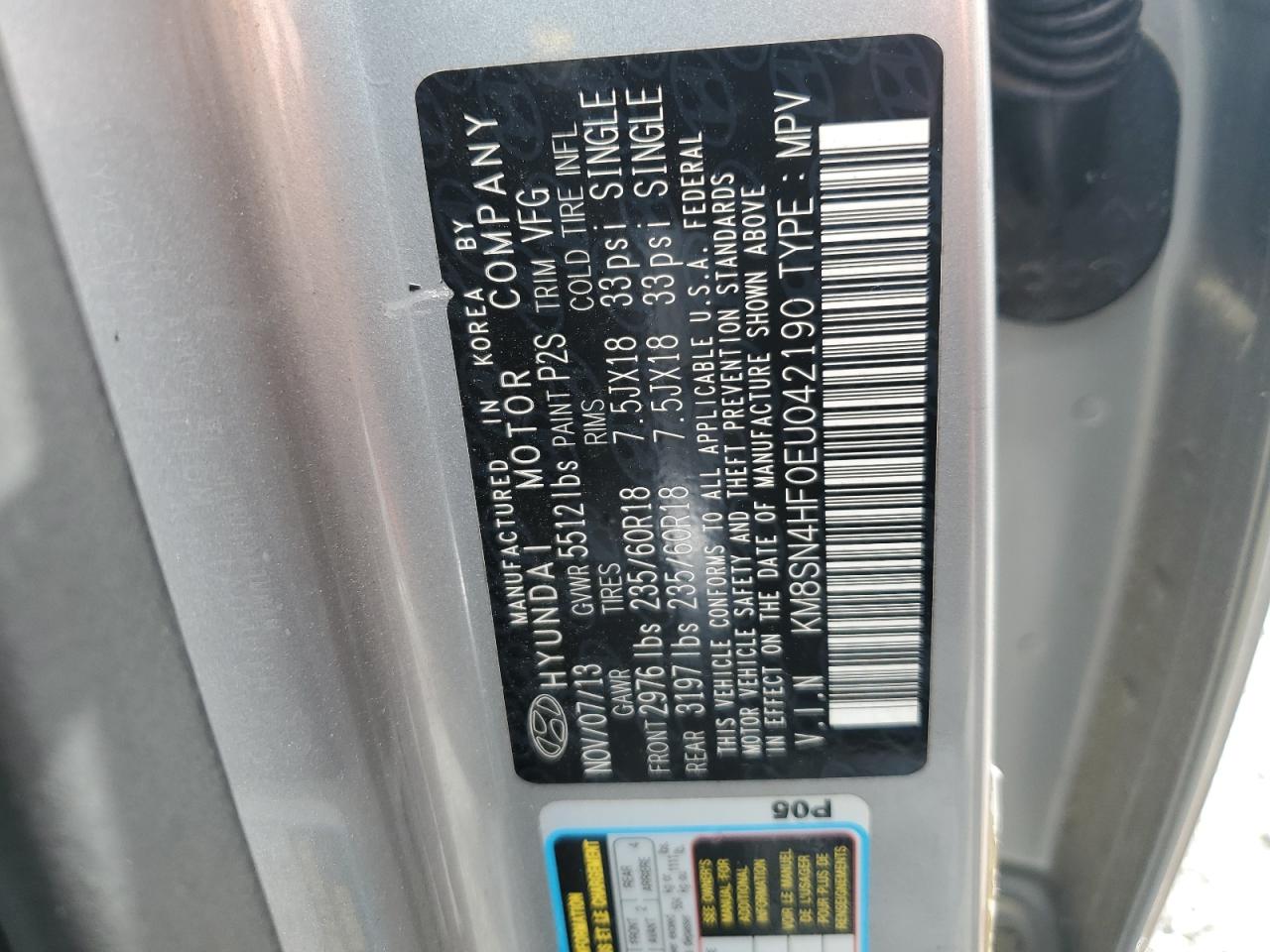 KM8SN4HF0EU042190 2014 Hyundai Santa Fe Gls