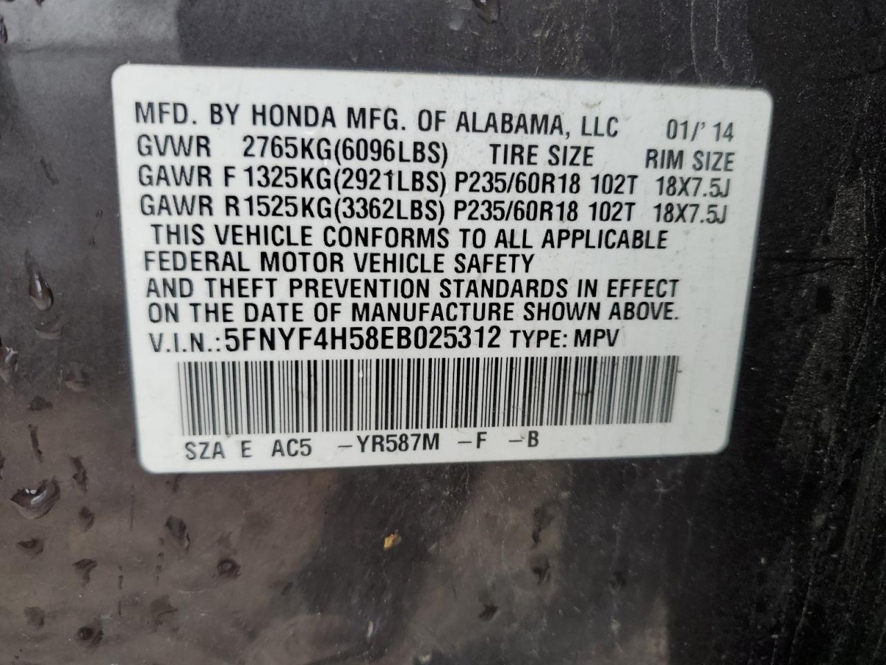 5FNYF4H58EB025312 2014 Honda Pilot Exl