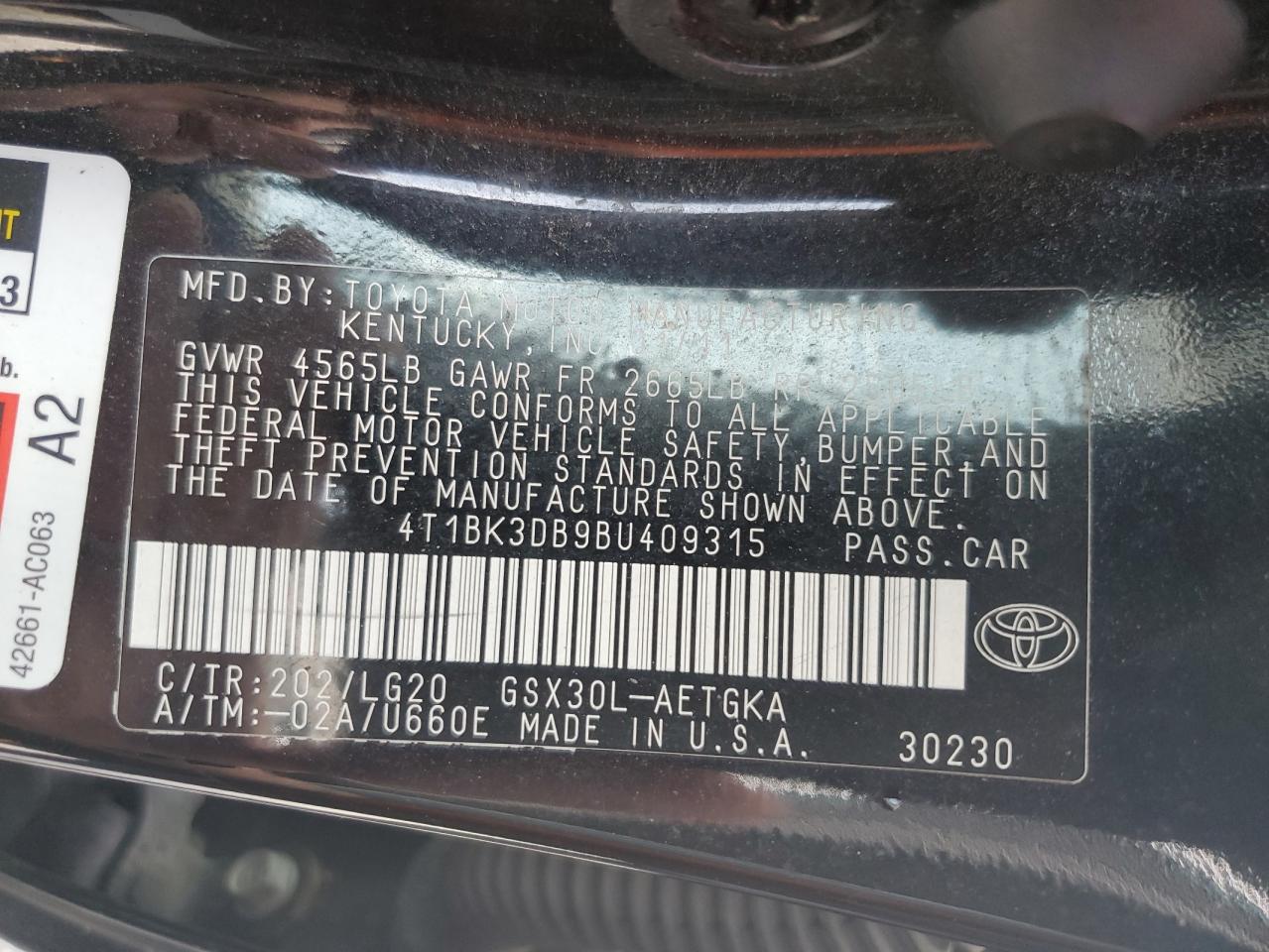 4T1BK3DB9BU409315 2011 Toyota Avalon Base