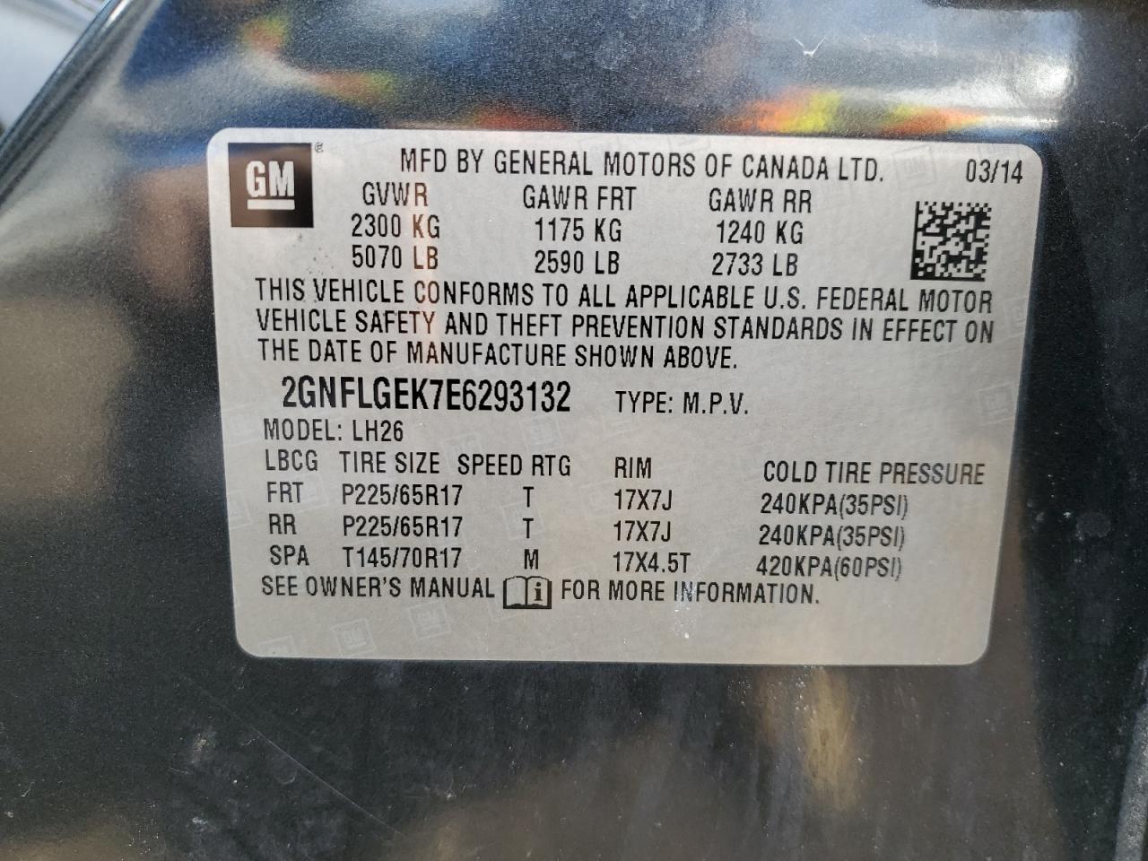 2GNFLGEK7E6293132 2014 Chevrolet Equinox Lt