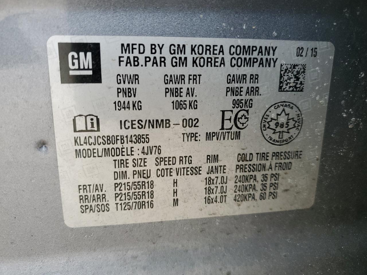 KL4CJCSB0FB143855 2015 Buick Encore