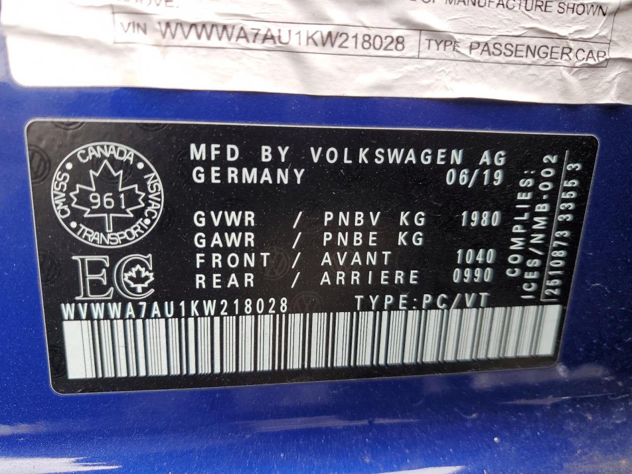 WVWWA7AU1KW218028 2019 Volkswagen Golf R