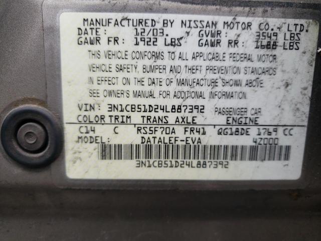 2004 Nissan Sentra 1.8 VIN: 3N1CB51D24L887392 Lot: 50229424