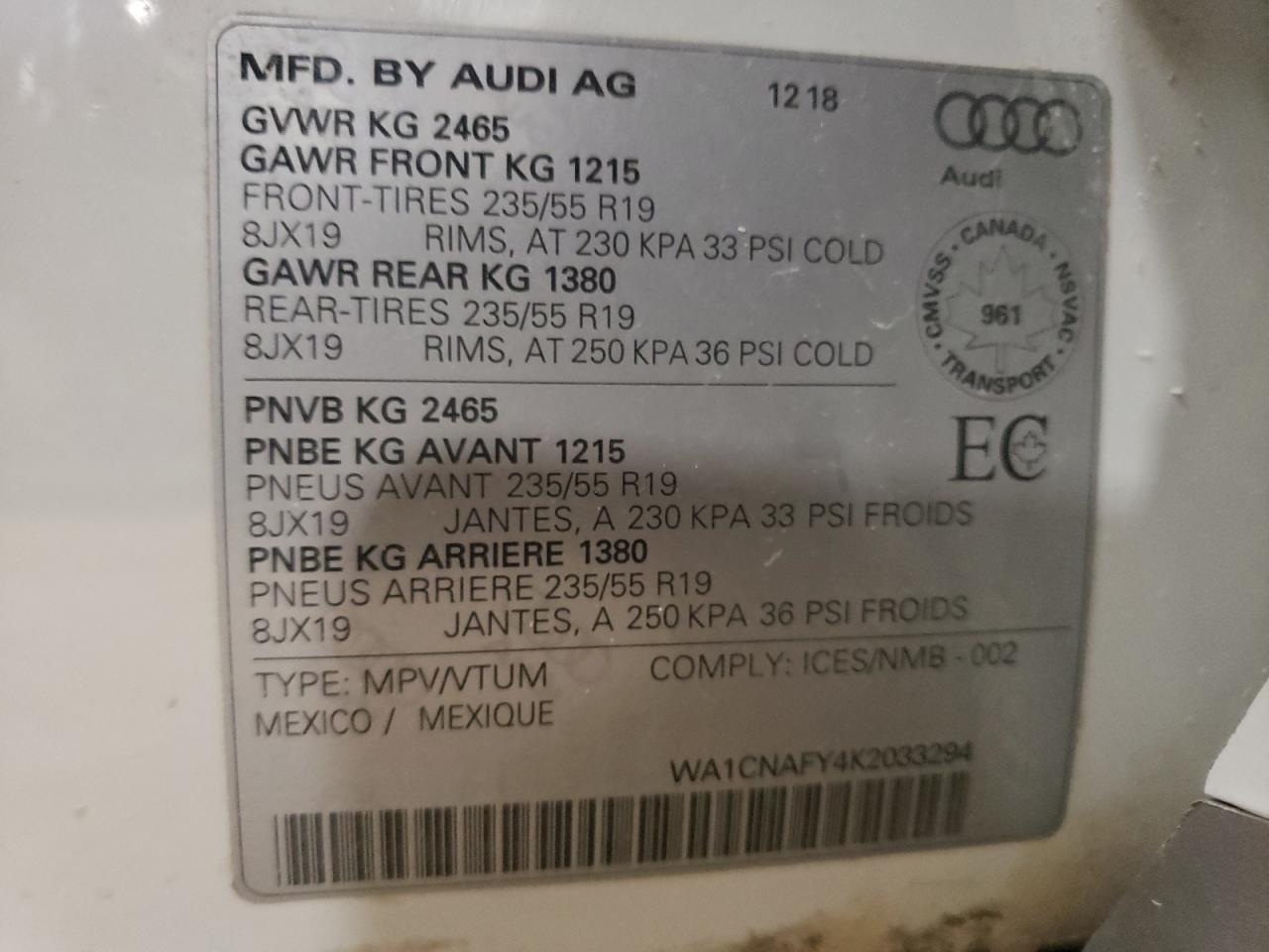 WA1CNAFY4K2033294 2019 Audi Q5 Prestige