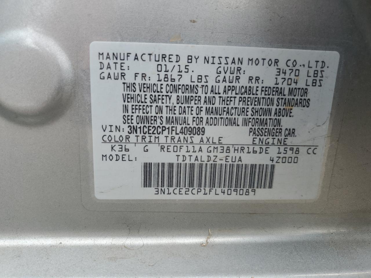 3N1CE2CP1FL409089 2015 Nissan Versa Note S