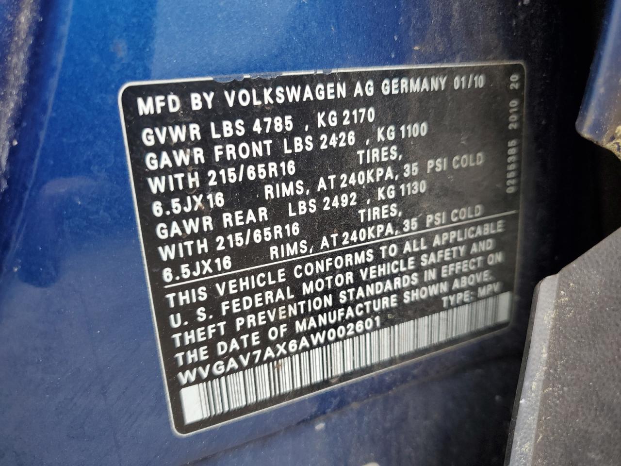 WVGAV7AX6AW002601 2010 Volkswagen Tiguan S