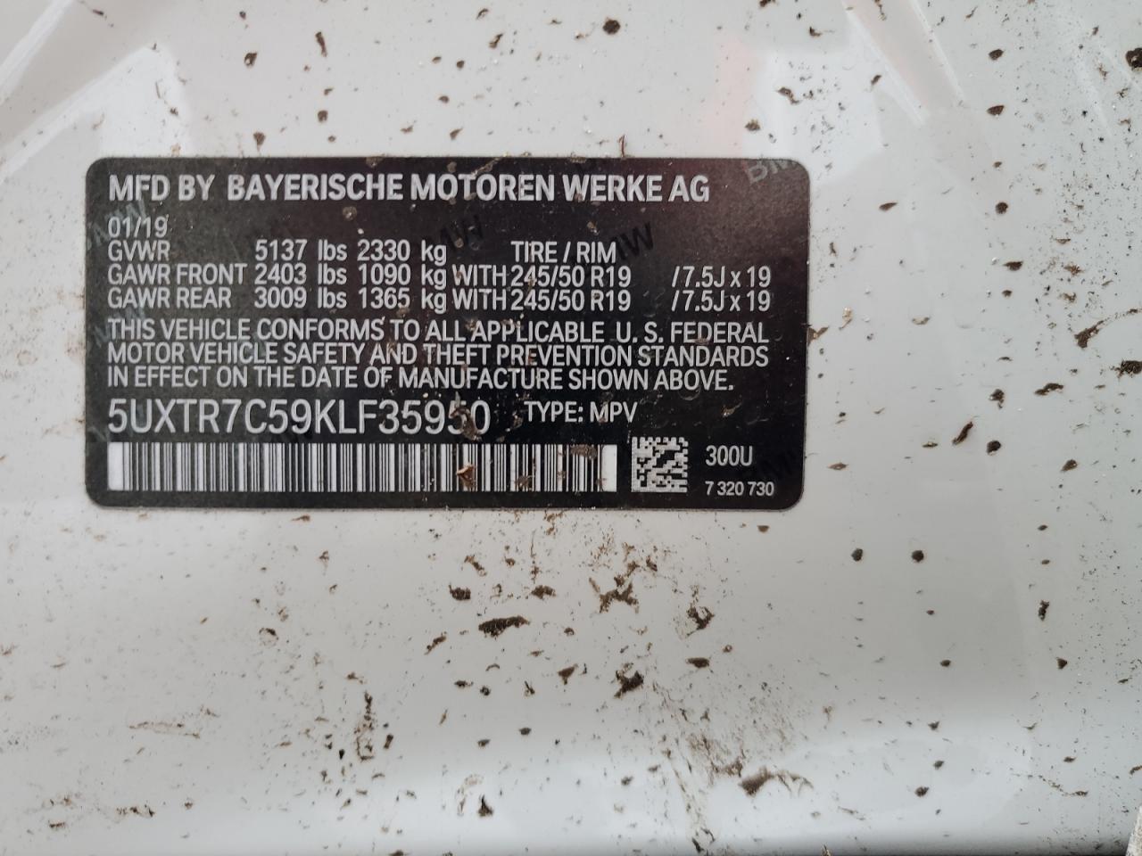 5UXTR7C59KLF35950 2019 BMW X3 Sdrive30I