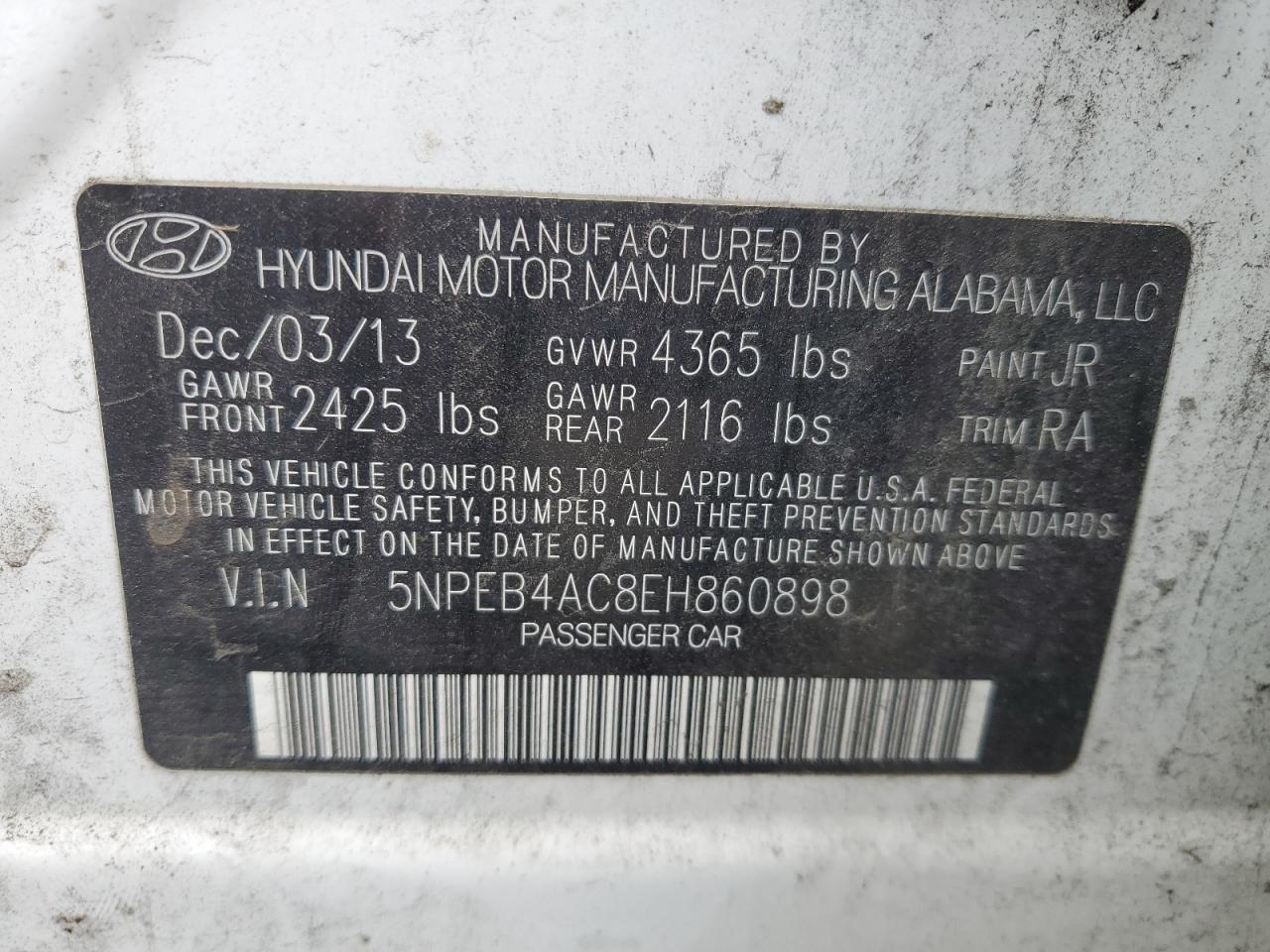 5NPEB4AC8EH860898 2014 Hyundai Sonata Gls