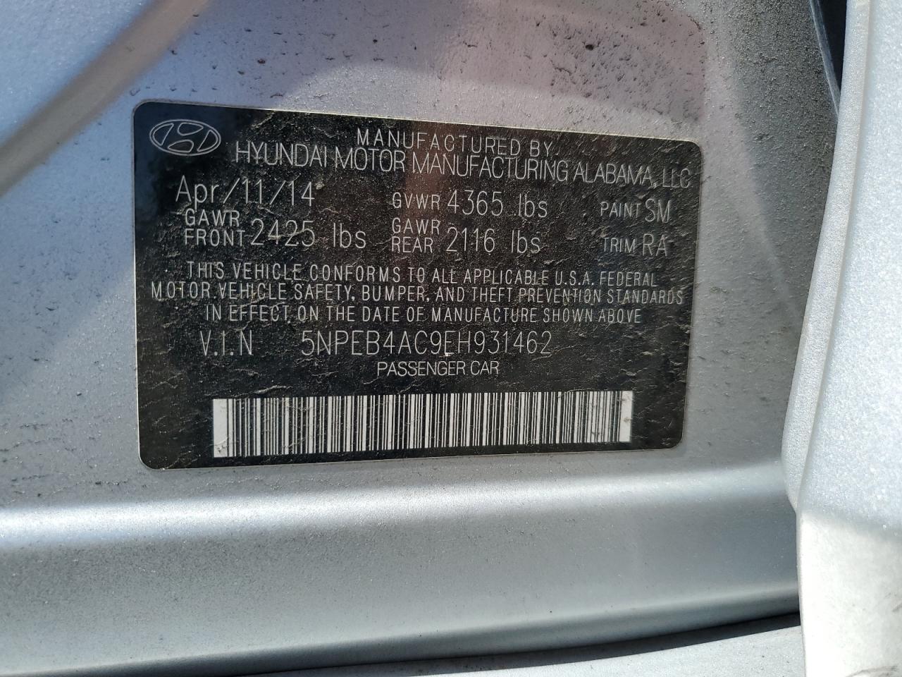 5NPEB4AC9EH931462 2014 Hyundai Sonata Gls