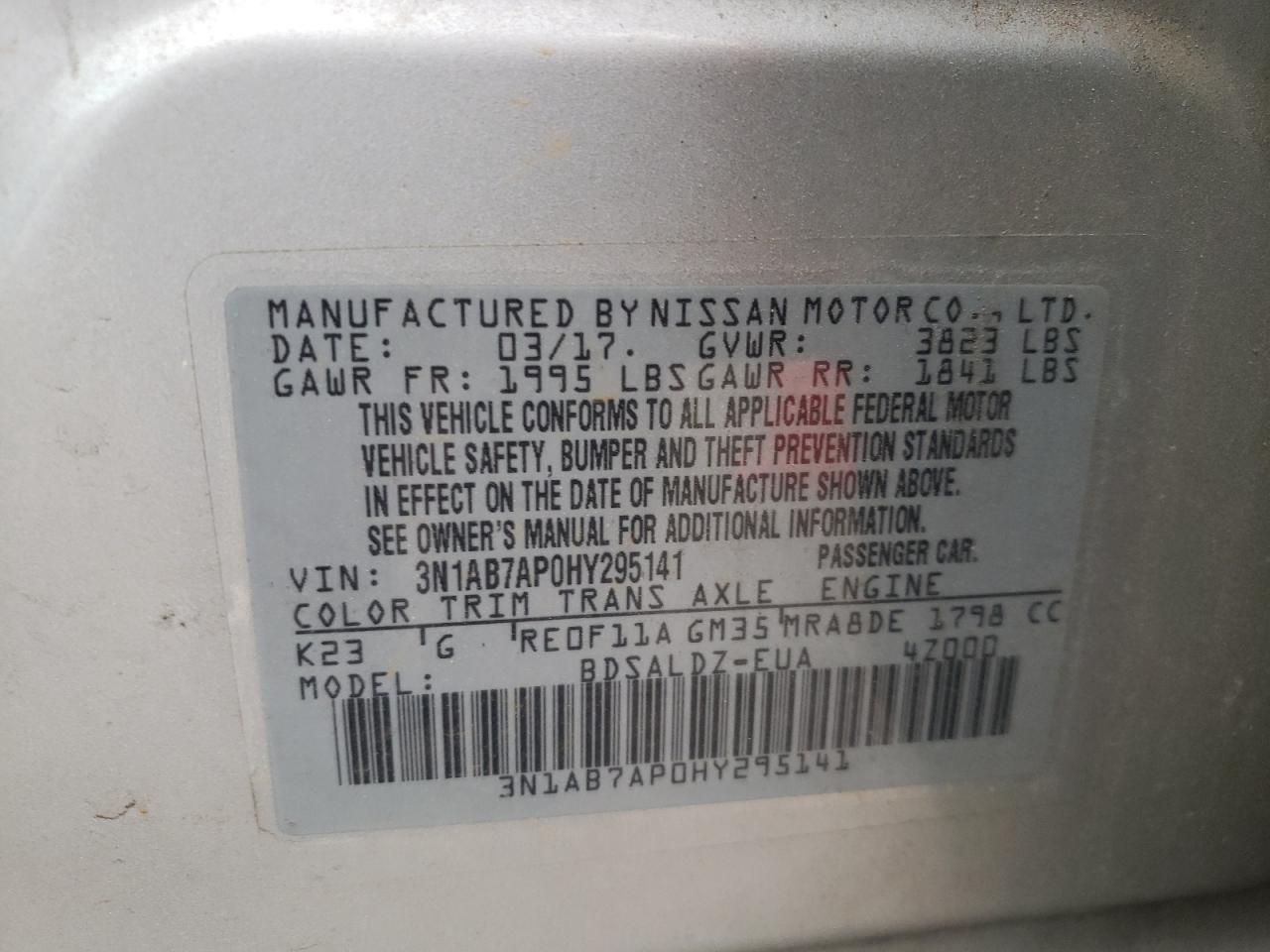 3N1AB7AP0HY295141 2017 Nissan Sentra S