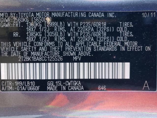 2012 Lexus Rx 350 VIN: 2T2BK1BA8CC125526 Lot: 50698634