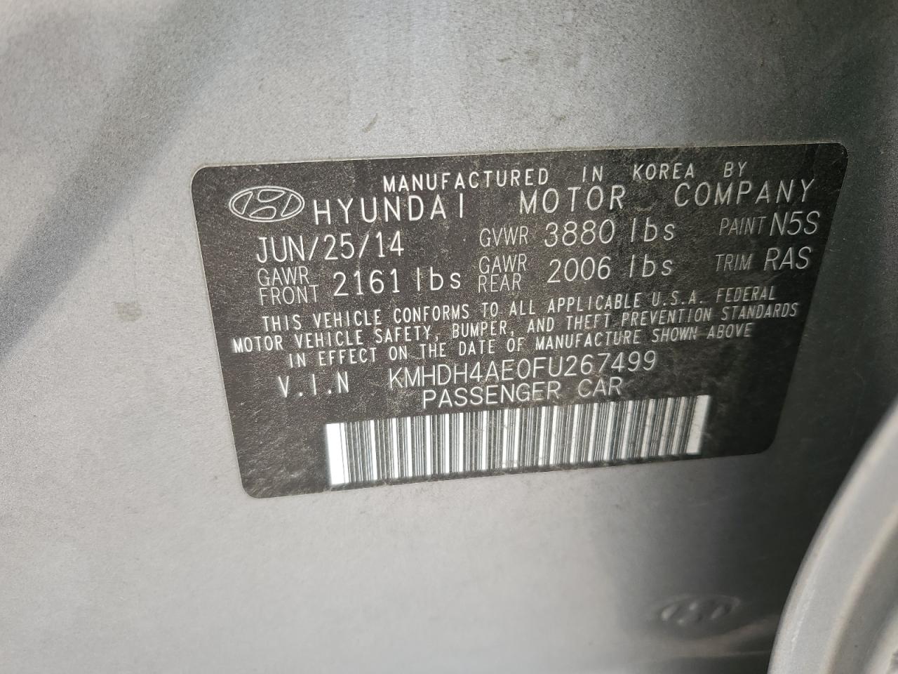 KMHDH4AE0FU267499 2015 Hyundai Elantra Se