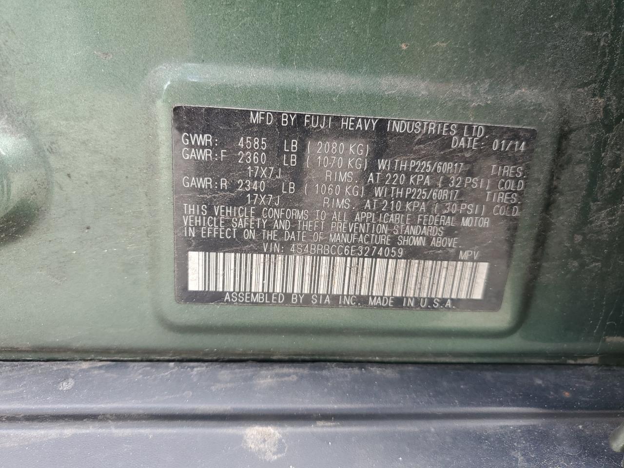 4S4BRBCC6E3274059 2014 Subaru Outback 2.5I Premium