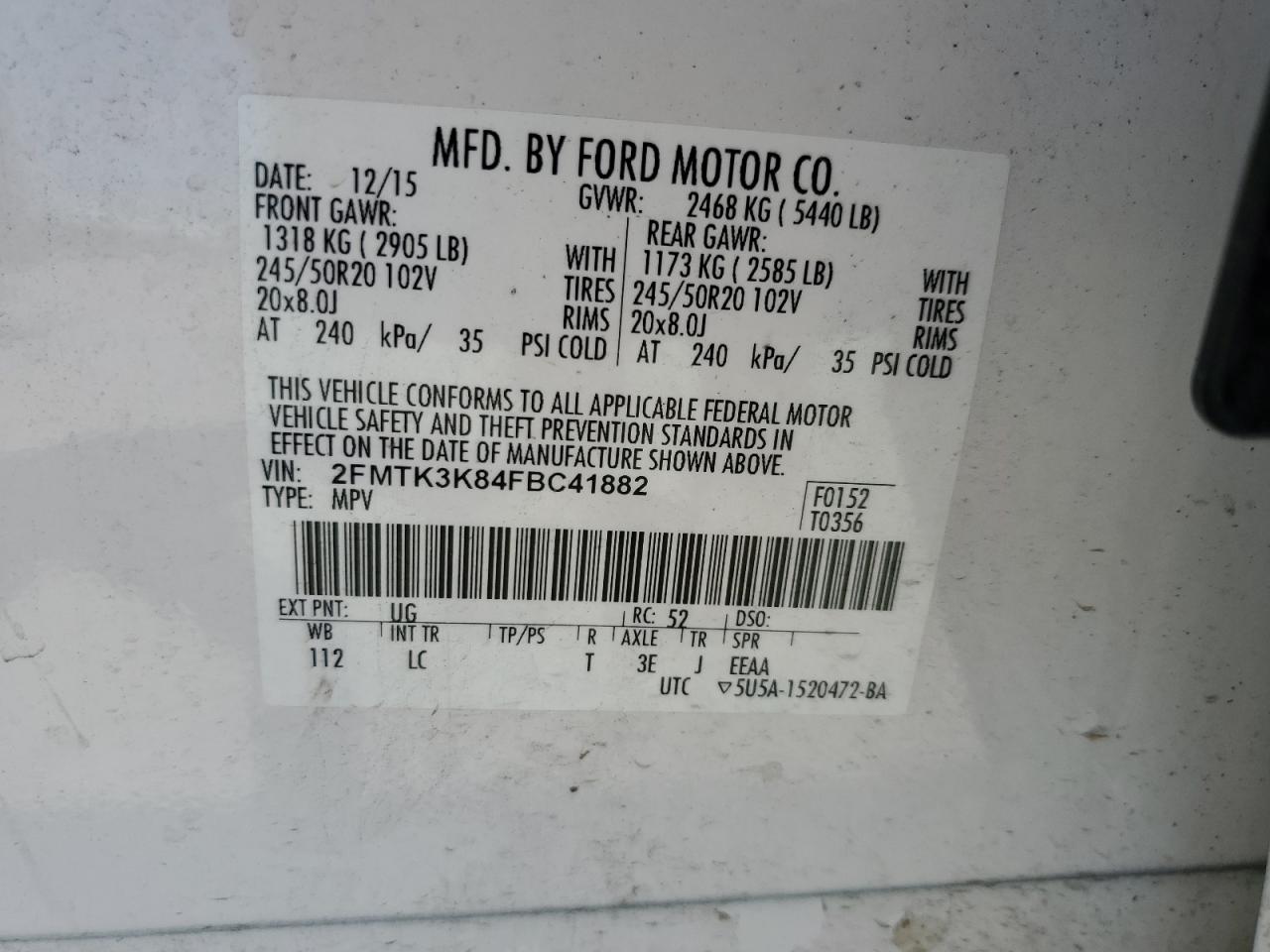 2FMTK3K84FBC41882 2015 Ford Edge Titanium