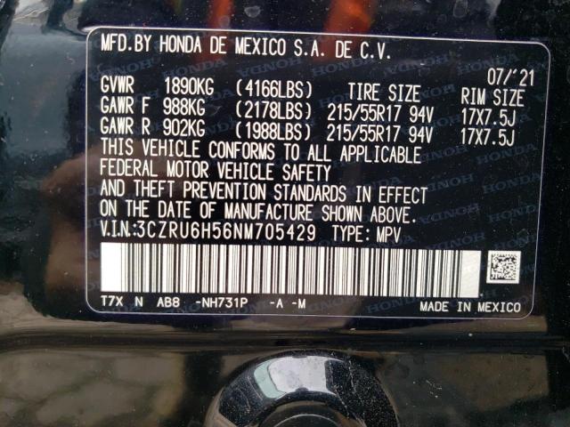 VIN 3CZRU6H56NM705429 2022 Honda HR-V, EX no.12