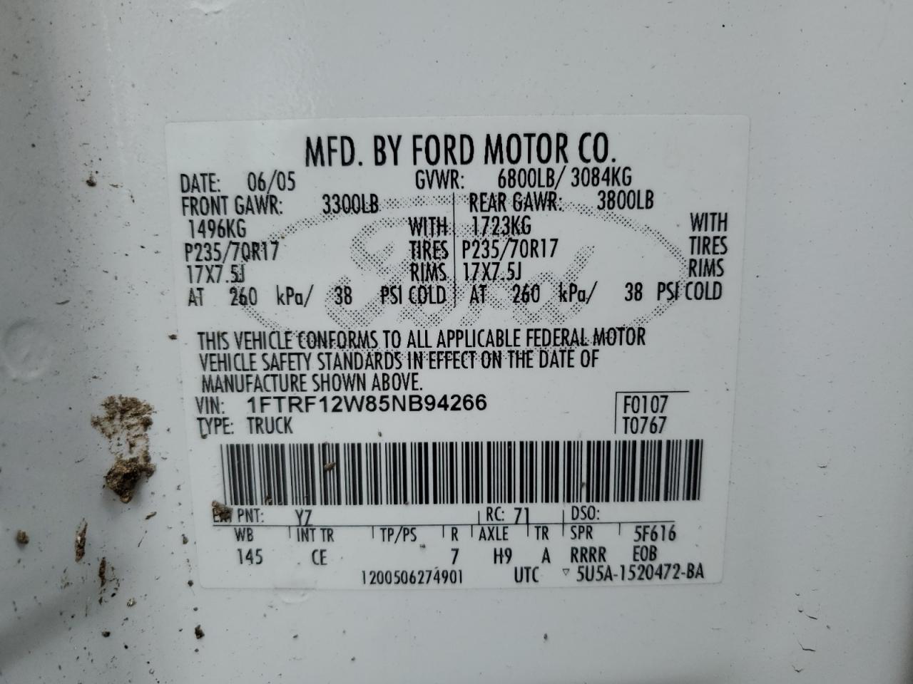 1FTRF12W85NB94266 2005 Ford F150