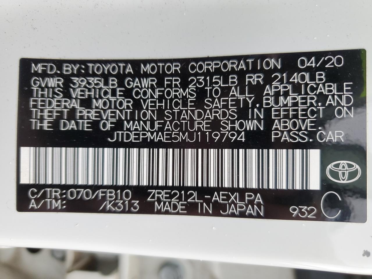 2021 Toyota Corolla Le vin: JTDEPMAE5MJ119794