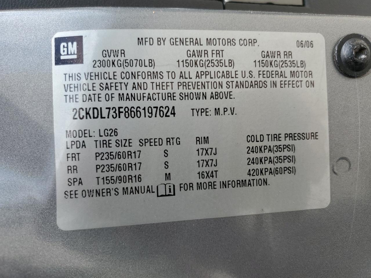 2CKDL73F866197624 2006 Pontiac Torrent