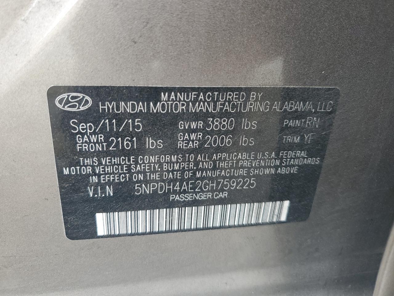 5NPDH4AE2GH759225 2016 Hyundai Elantra Se