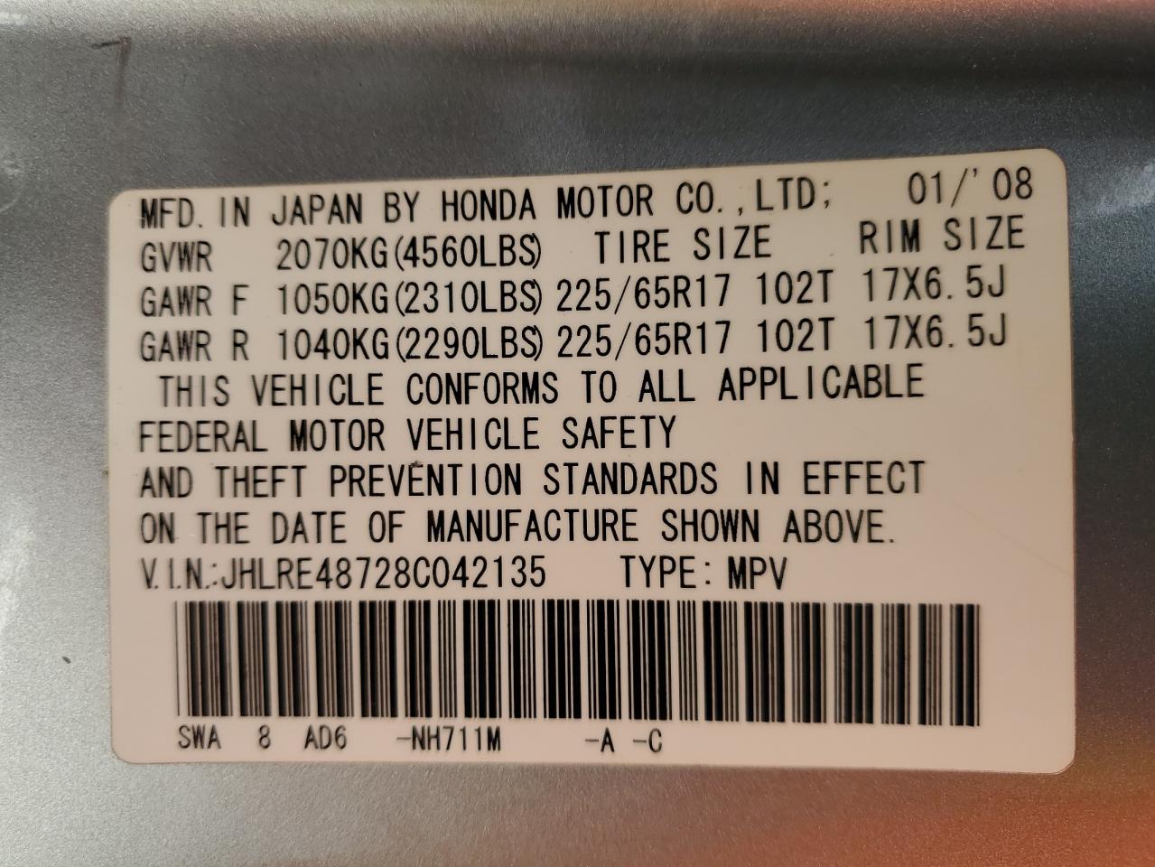 JHLRE48728C042135 2008 Honda Cr-V Exl