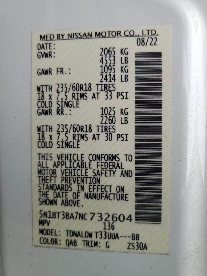 5N1BT3BA7NC732604 2022 Nissan Rogue Sv