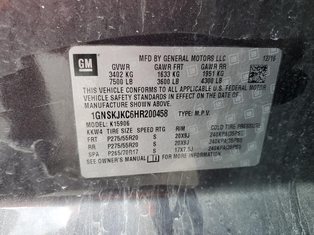 1GNSKJKC6HR200458 2017 Chevrolet Suburban K1500 Premier