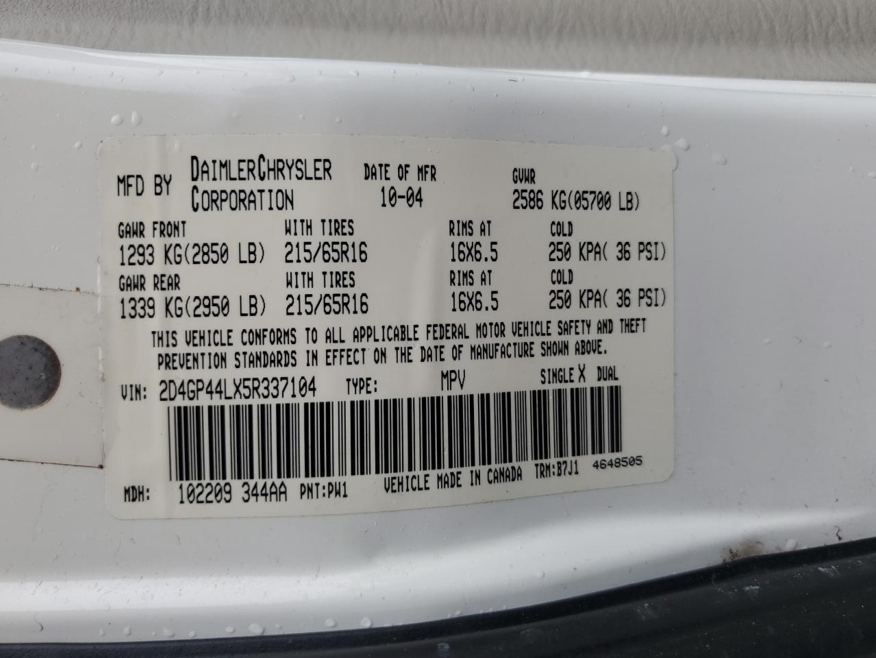 2D4GP44LX5R337104 2005 Dodge Grand Caravan Sxt