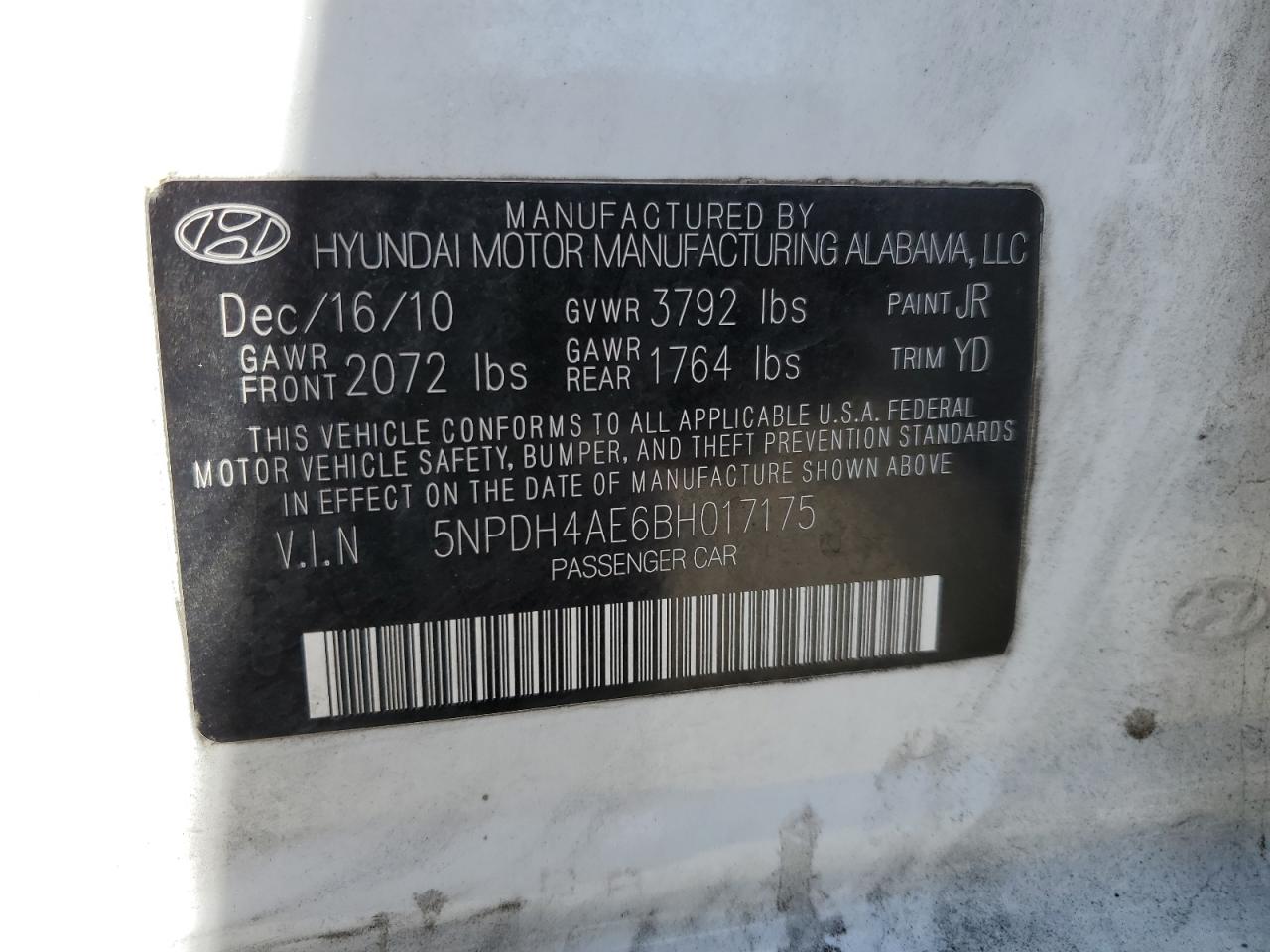 5NPDH4AE6BH017175 2011 Hyundai Elantra Gls