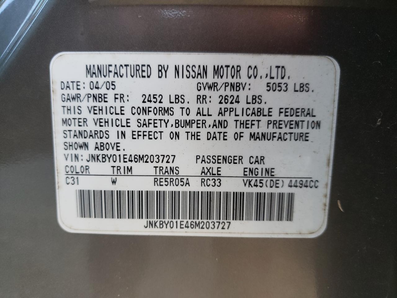 JNKBY01E46M203727 2006 Infiniti M45 Base