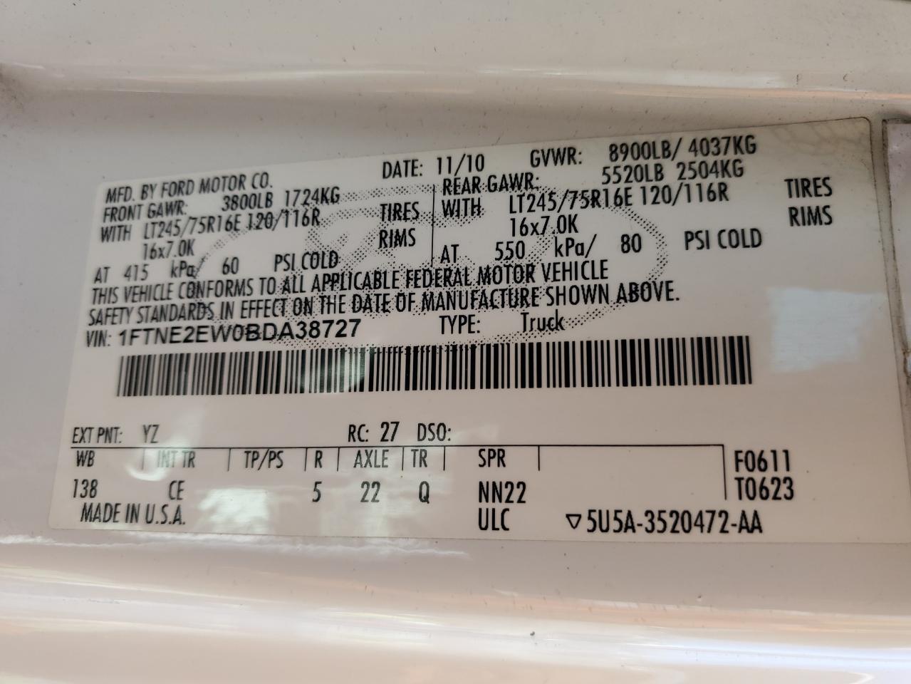 1FTNE2EW0BDA38727 2011 Ford Econoline E250 Van