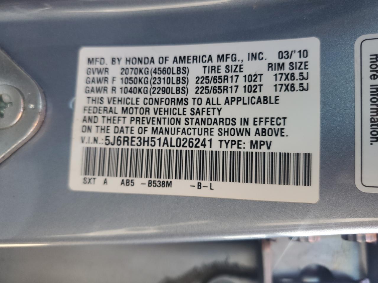 5J6RE3H51AL026241 2010 Honda Cr-V Ex