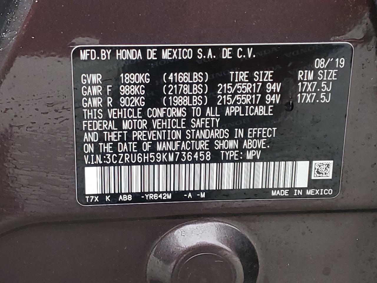 3CZRU6H59KM736458 2019 Honda Hr-V Ex