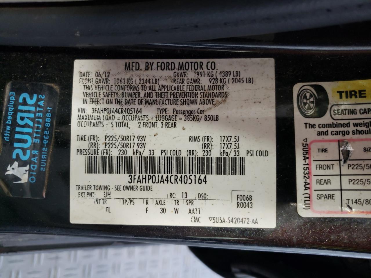 3FAHP0JA4CR405164 2012 Ford Fusion Sel