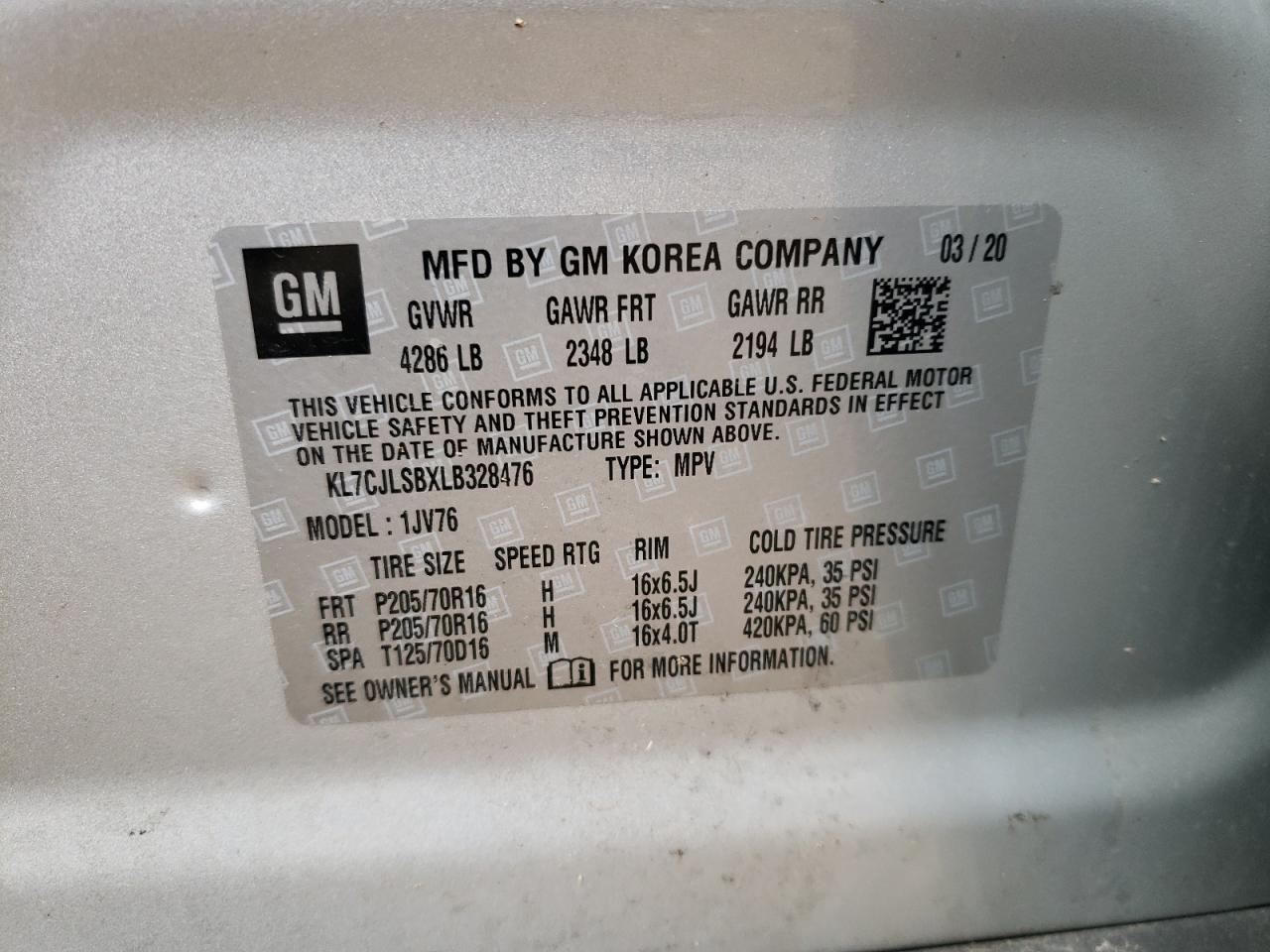 KL7CJLSBXLB328476 2020 Chevrolet Trax 1Lt