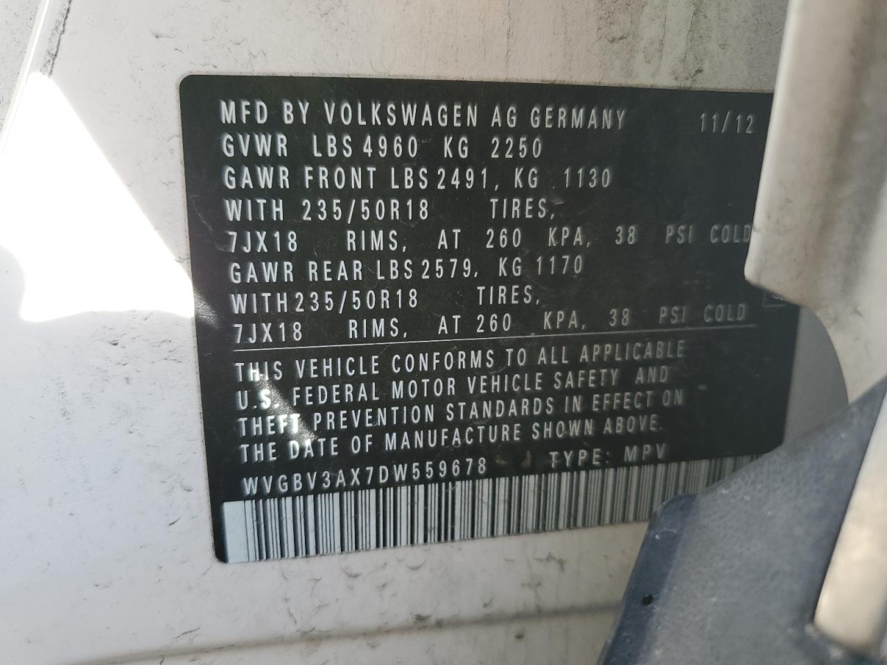 WVGBV3AX7DW559678 2013 Volkswagen Tiguan S