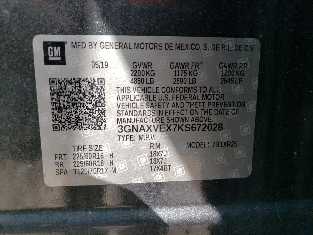 3GNAXVEX7KS672028 2019 Chevrolet Equinox Lt