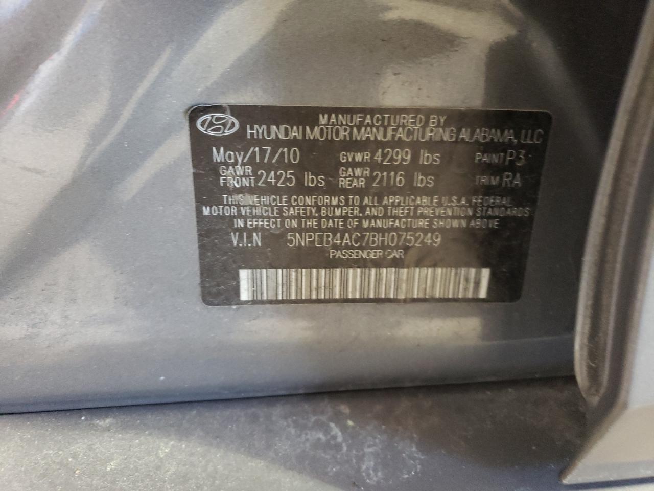 5NPEB4AC7BH075249 2011 Hyundai Sonata Gls