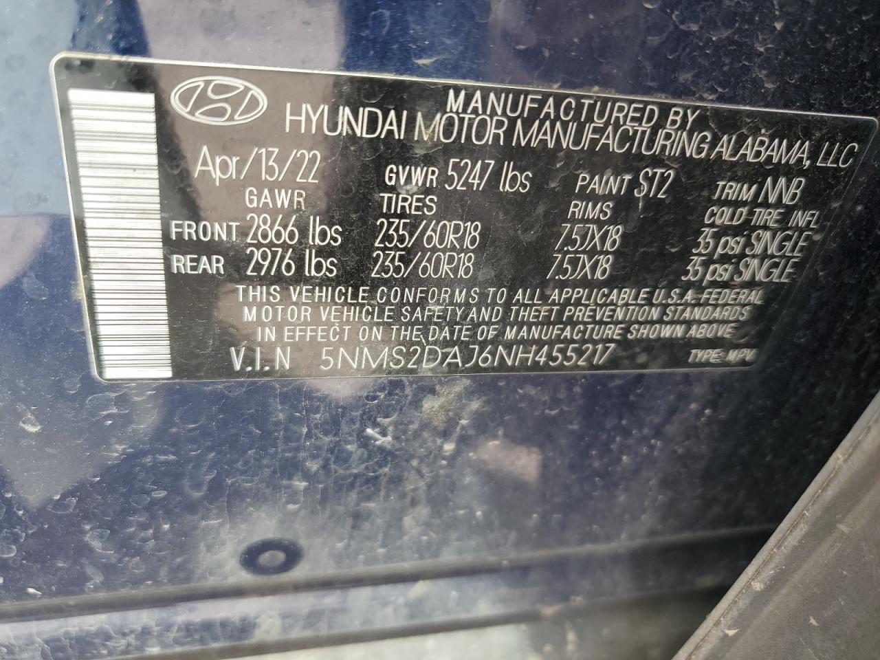 5NMS2DAJ6NH455217 2022 Hyundai Santa Fe Sel