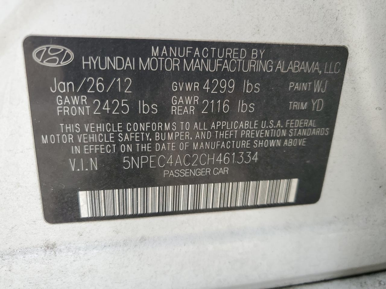 5NPEC4AC2CH461334 2012 Hyundai Sonata Se