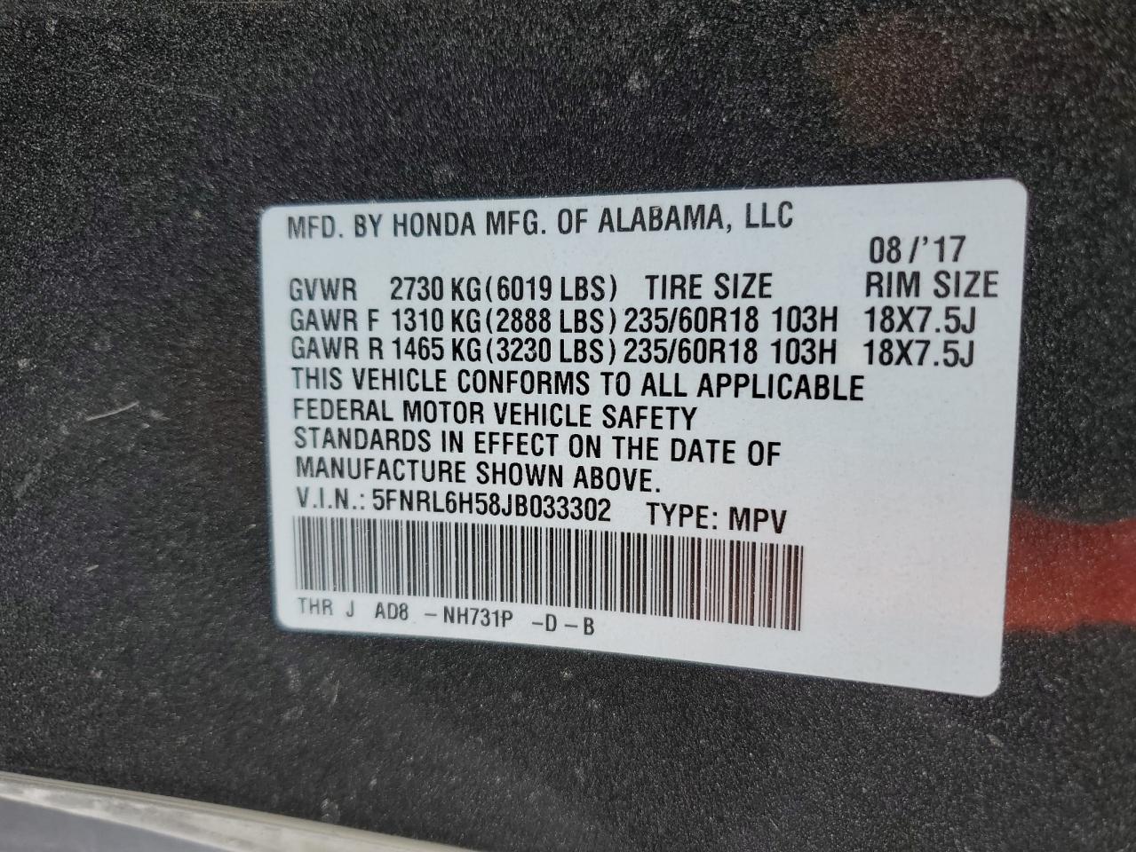 5FNRL6H58JB033302 2018 Honda Odyssey Ex