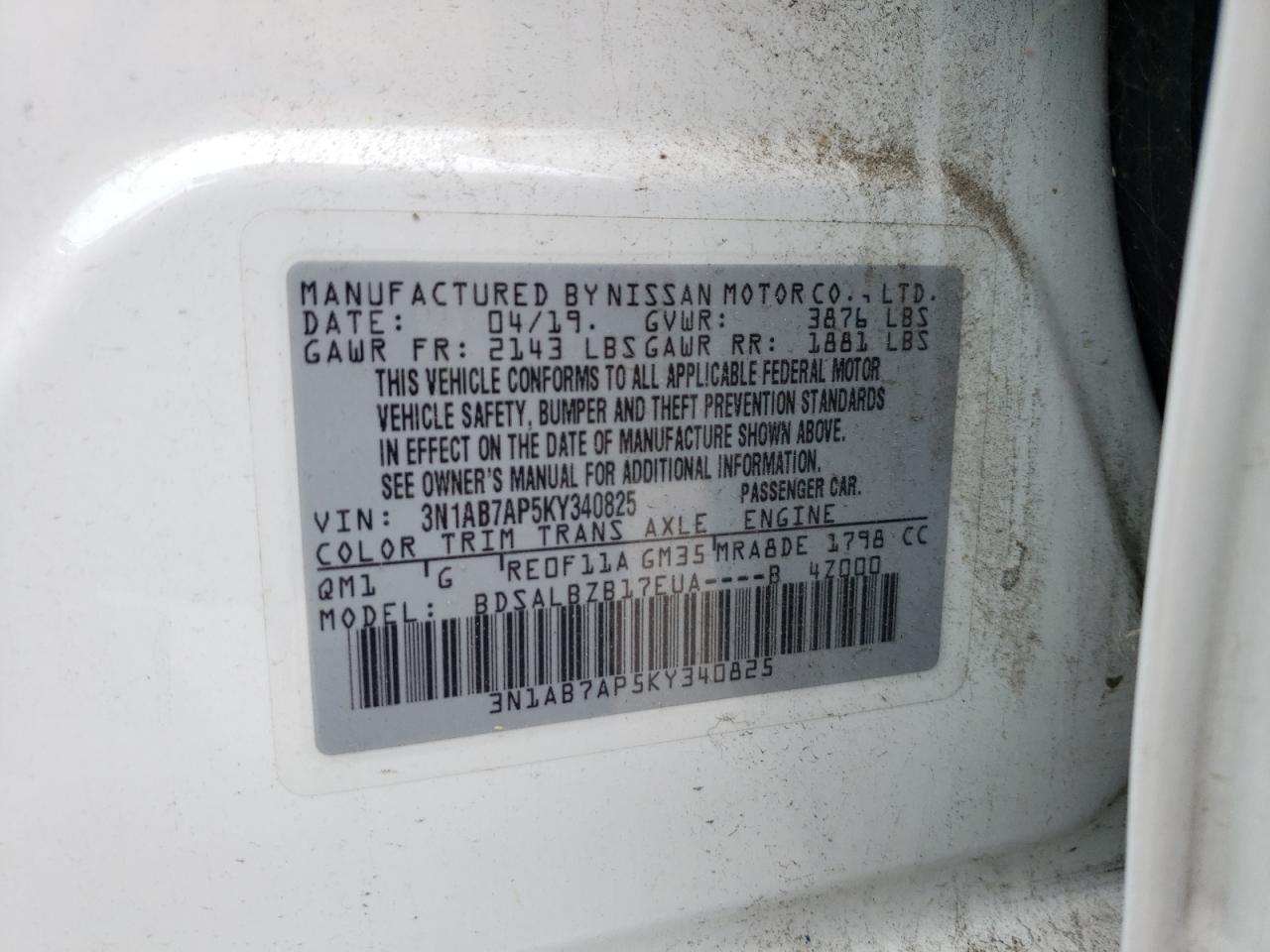 3N1AB7AP5KY340825 2019 Nissan Sentra S